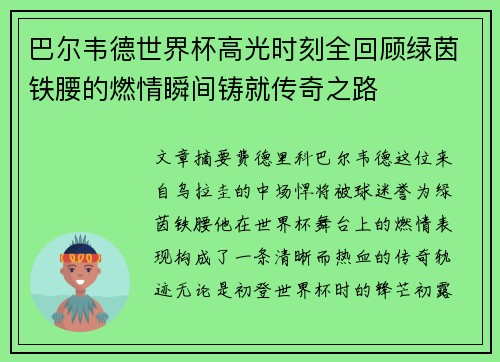 巴尔韦德世界杯高光时刻全回顾绿茵铁腰的燃情瞬间铸就传奇之路
